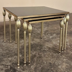 Mid-Century French Smoked Glass Brass Nesting Tables