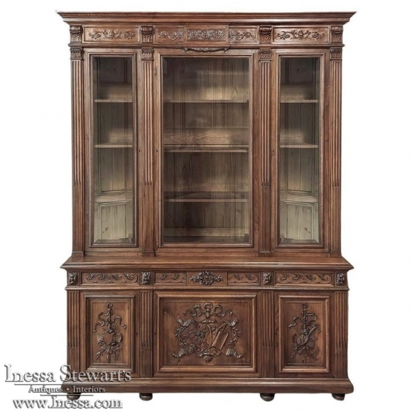 19th Century French Louis XVI Neoclassical Walnut Triple Bookcase