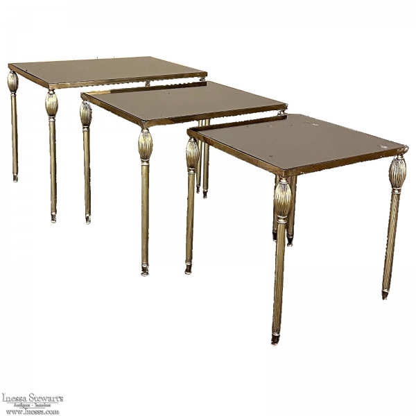 Mid-Century French Smoked Glass Brass Nesting Tables